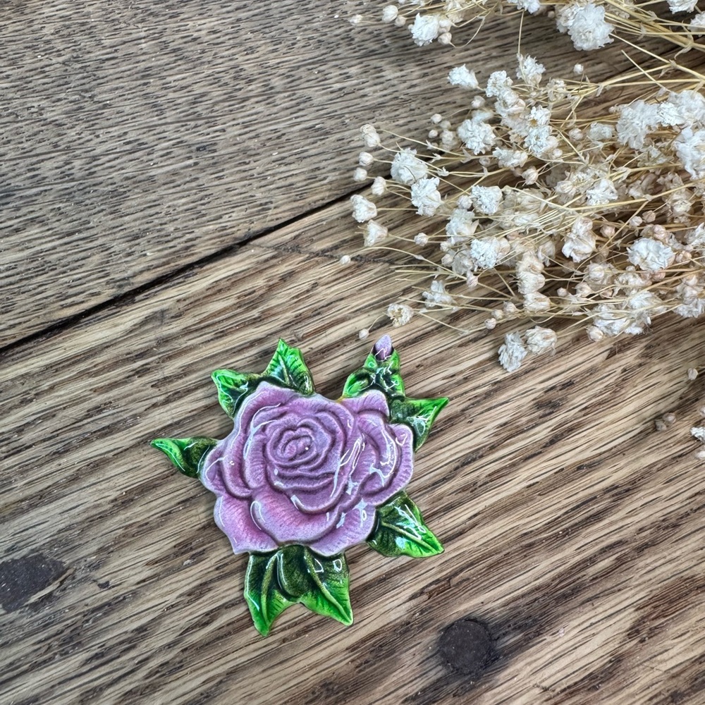 Embroidered Purple Rose Patch with Green Leaves
